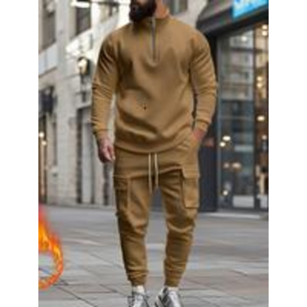 Men's Casual Fleece Lined Fitted Zipper Work Pants Set, Thick Fabric Warm Long Trousers for Fall & Winter, New Arrival Us Style