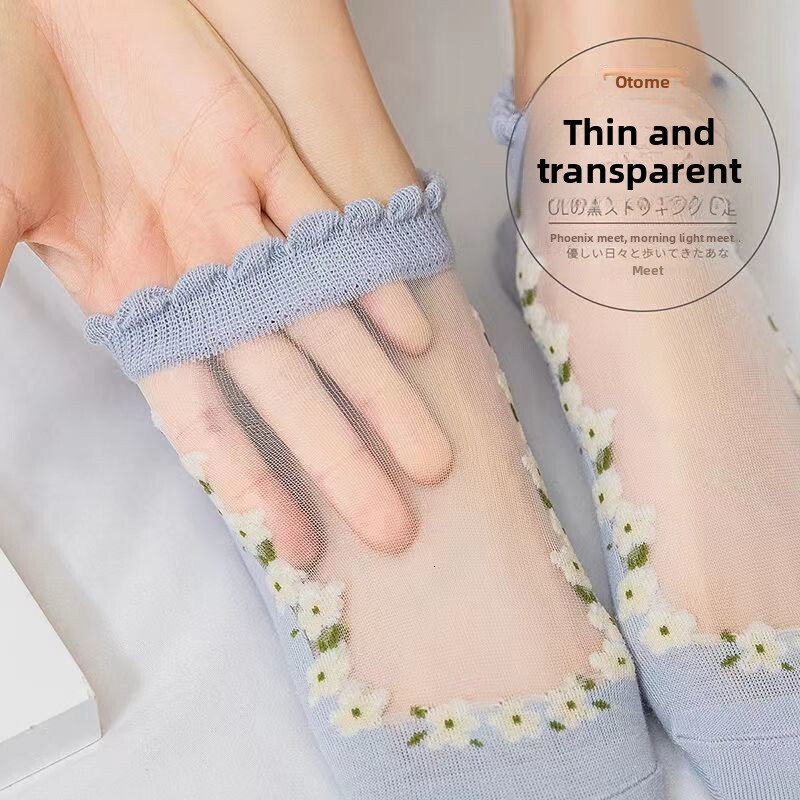 Floral Lace Trim for Women, Summer Thin Glass Silk Crystal Boat Socks, Breathable Sweat-Absorbing Short Socks with Wide Mouth