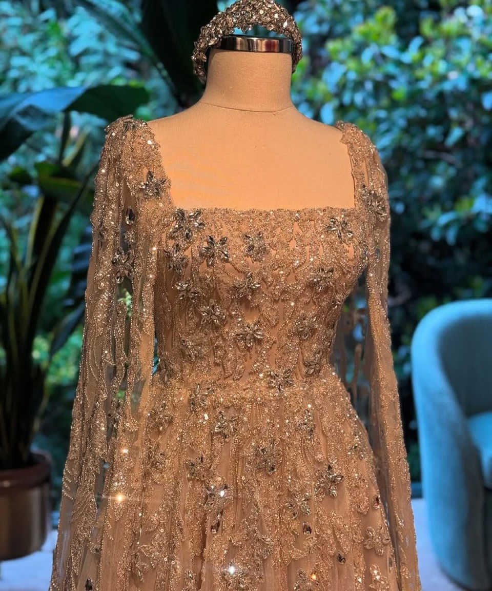 New Evening Dress Long Sleeve A-line Prom Gowns Shine Beads Satin Square Neck Prom Dress Crystals Robes De Mariee Customized vestido de novia H25697