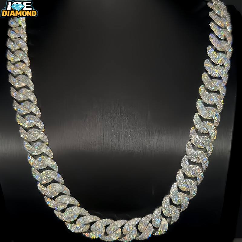 925 Silver VVS Moissanite 20mm Round Diamond Set Heavy Duty Iced Cuban Link Necklace for Men Miami Cuban Chain Style