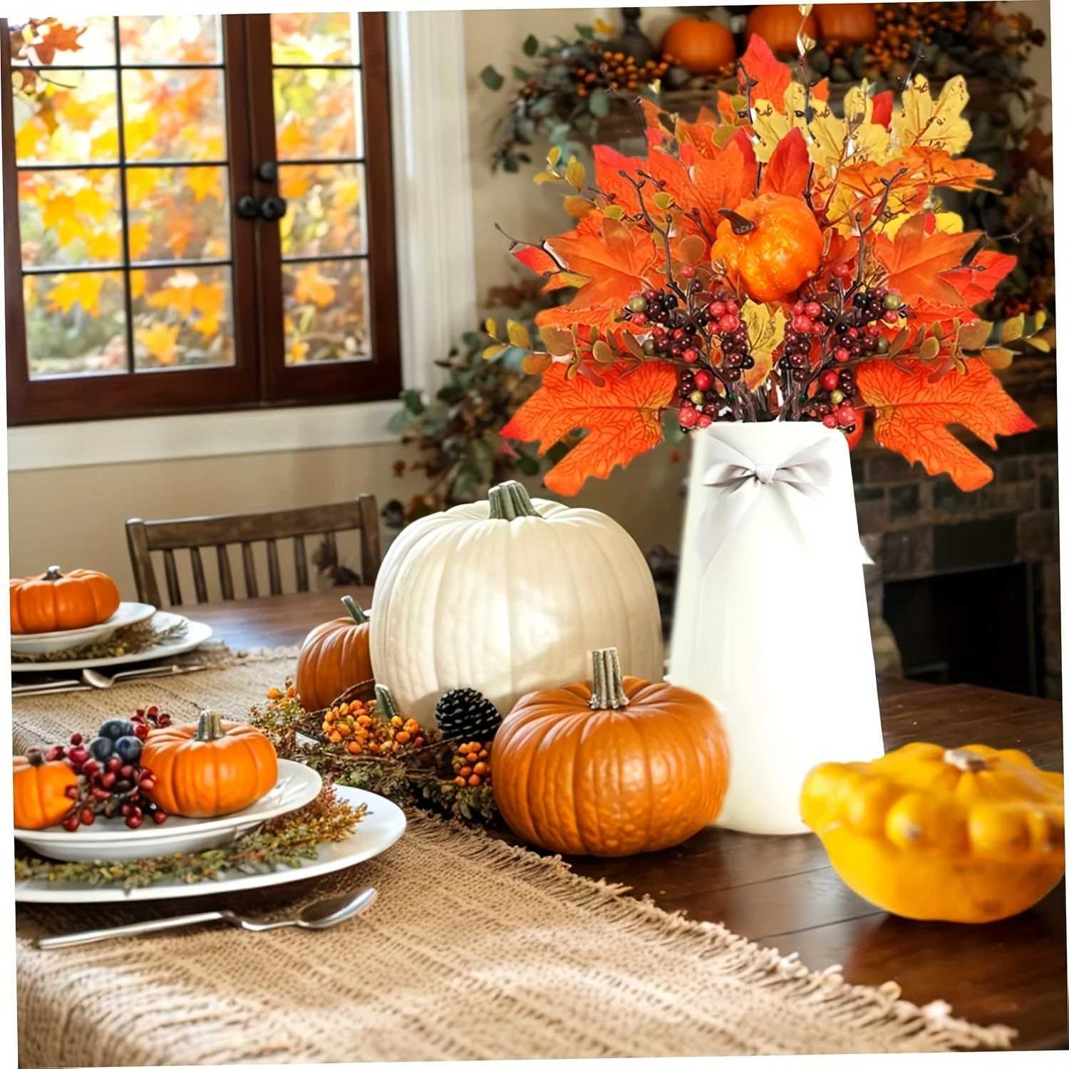 34pcs autumn flower selection artificial autumn flower stems with maple leaves pumpkins and berries C250919
