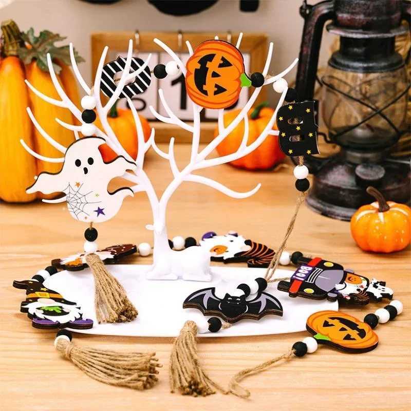 New Halloween Decoration Prop Wooden Beads Pendant Pumpkin Bat Ghost Hanging Ornaments for Wall Home Party Supplies C250919