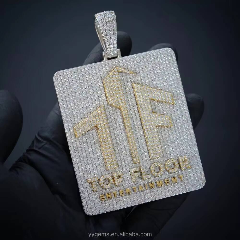 Yu Ying Customization square Cards Tablets 2tone Pendant Iced Out Moissanite Solid Silver Pendant Custom Tag Pendants Jewelry