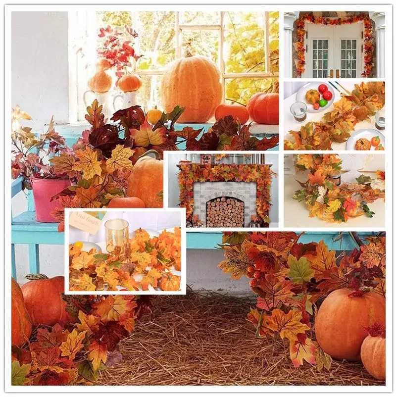 2M Fall Artificial Maple Leaf Garland Fake Fallen Leaves Autumn Decor Rattan Thanksgiving Wedding Atmosphere Autumn Decor C250919