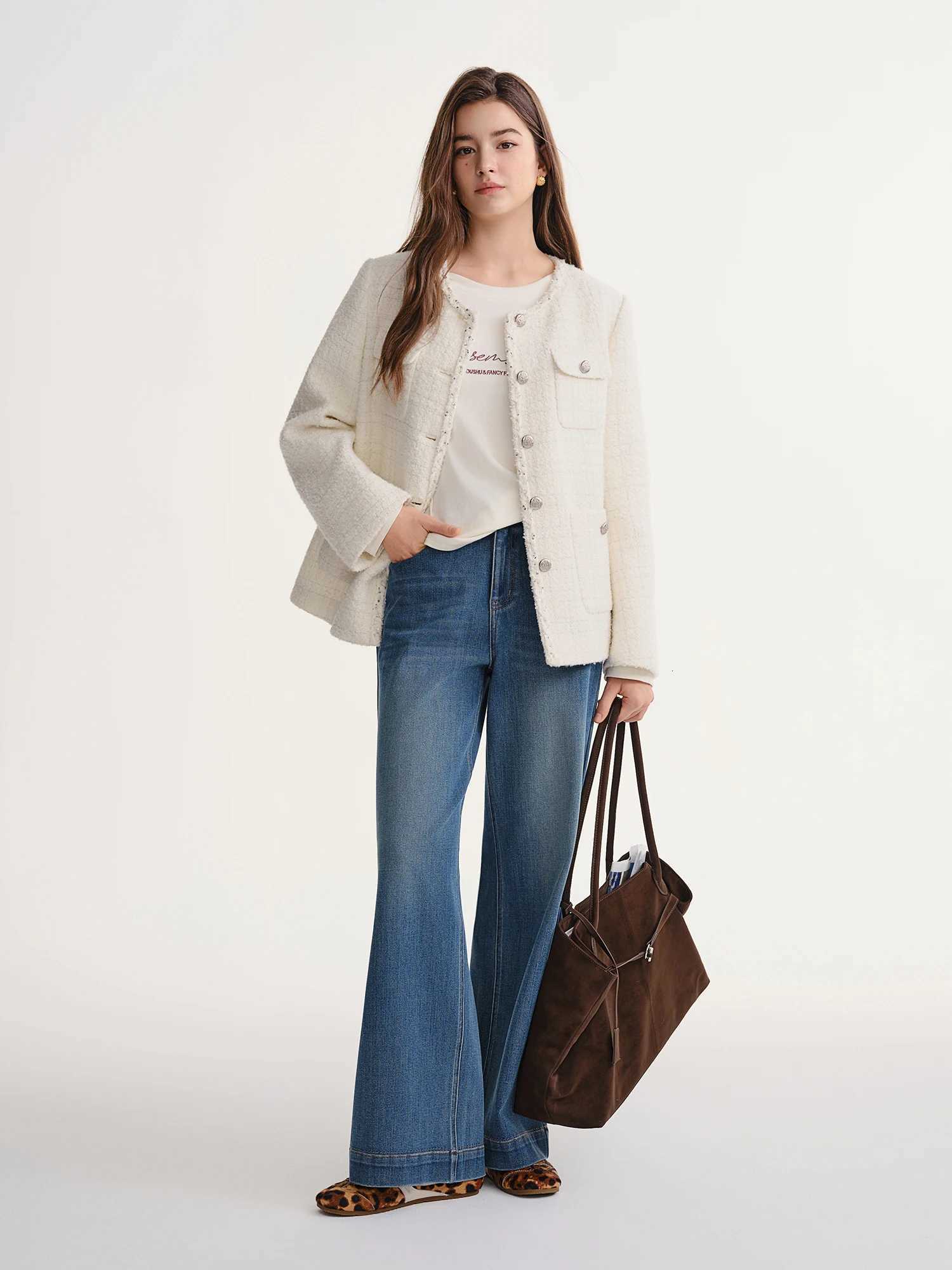 DUSHU Autumn Winter 2025 Womens Embellished Tweed Jacket Heavy Craft Lace Trim Braided Detail Casual Elegance Outerwear Z250918