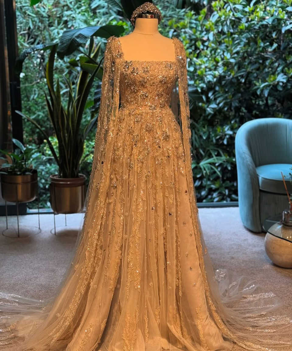 New Evening Dress Long Sleeve A-line Prom Gowns Shine Beads Satin Square Neck Prom Dress Crystals Robes De Mariee Customized vestido de novia H25697