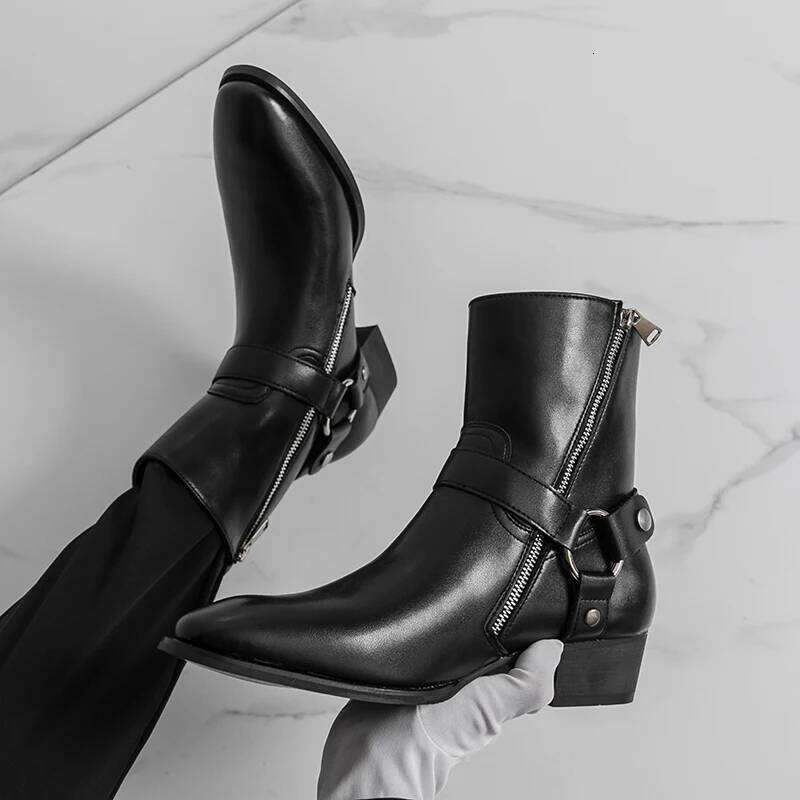 Autumn Fashion Brand Breathable Outdoor Cowboy Boots Classic Black Men Comfortable Side Zipper Pointed High Top Leather Shoe