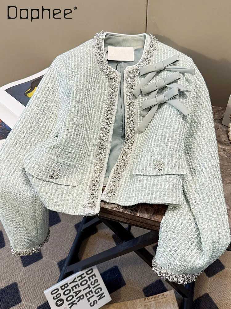 Temperament Fashion Woven Tweed Jacket Spring New Heavy Industry Rhinestone Bow Laceup Jacket Women Spring Highend Short Top Z250918