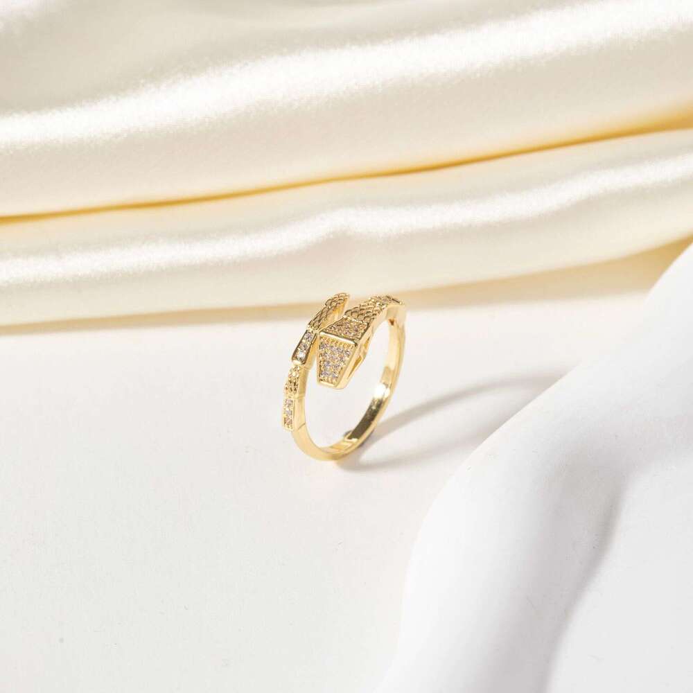 Light Luxury Micro Paved Zircon Personality Snake-Shaped for Women Copper Gold-Plated Adjustable Open Ring Jewelry