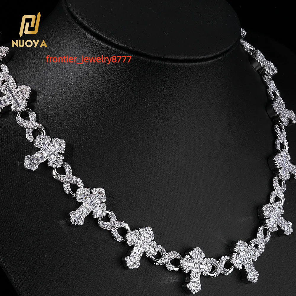 NUOYA Luxury Flip Buckle Cross Necklace 15MM Iced Out Moissanite Chain 8 Character Infinite Design Fine Hip Hop Jewelry