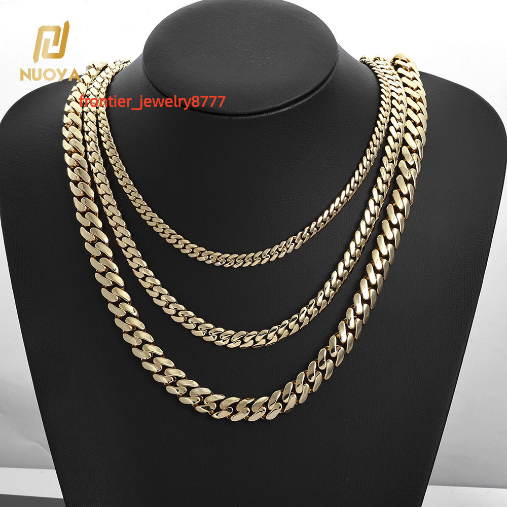 NUOYA 6812mm Iced Diamond Clasp Flat Miami Cuban Link Chain 14K Gold Plated Thick Solid Cuban Link Chain Hip Hop Jewelry Men