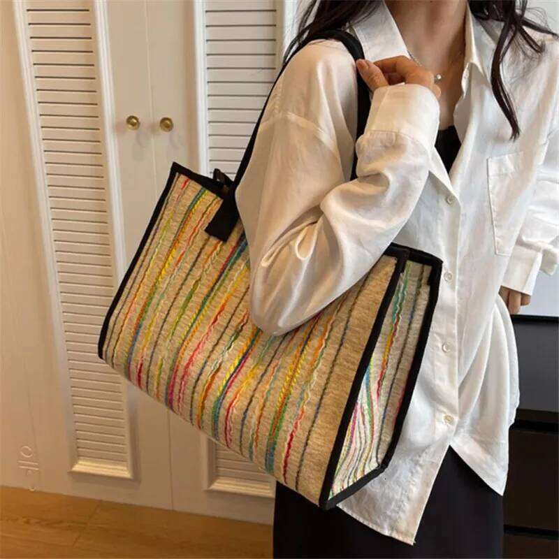 Designer Bag Luxury Bag Large Capacity Commuting Women's Single Shoulder Diagonal Cross Bag, Stylish And Versatile,Rainbow Striped Canvas Tote Ba