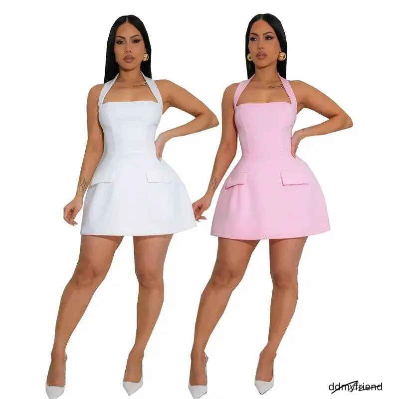Sexy Halter Backless A-Line For Woman Clothing Sleeveless Strapless High Waist Pockets Slim Party Club Mini Dress Vestidos Dongdumaoyi ddmyfriend