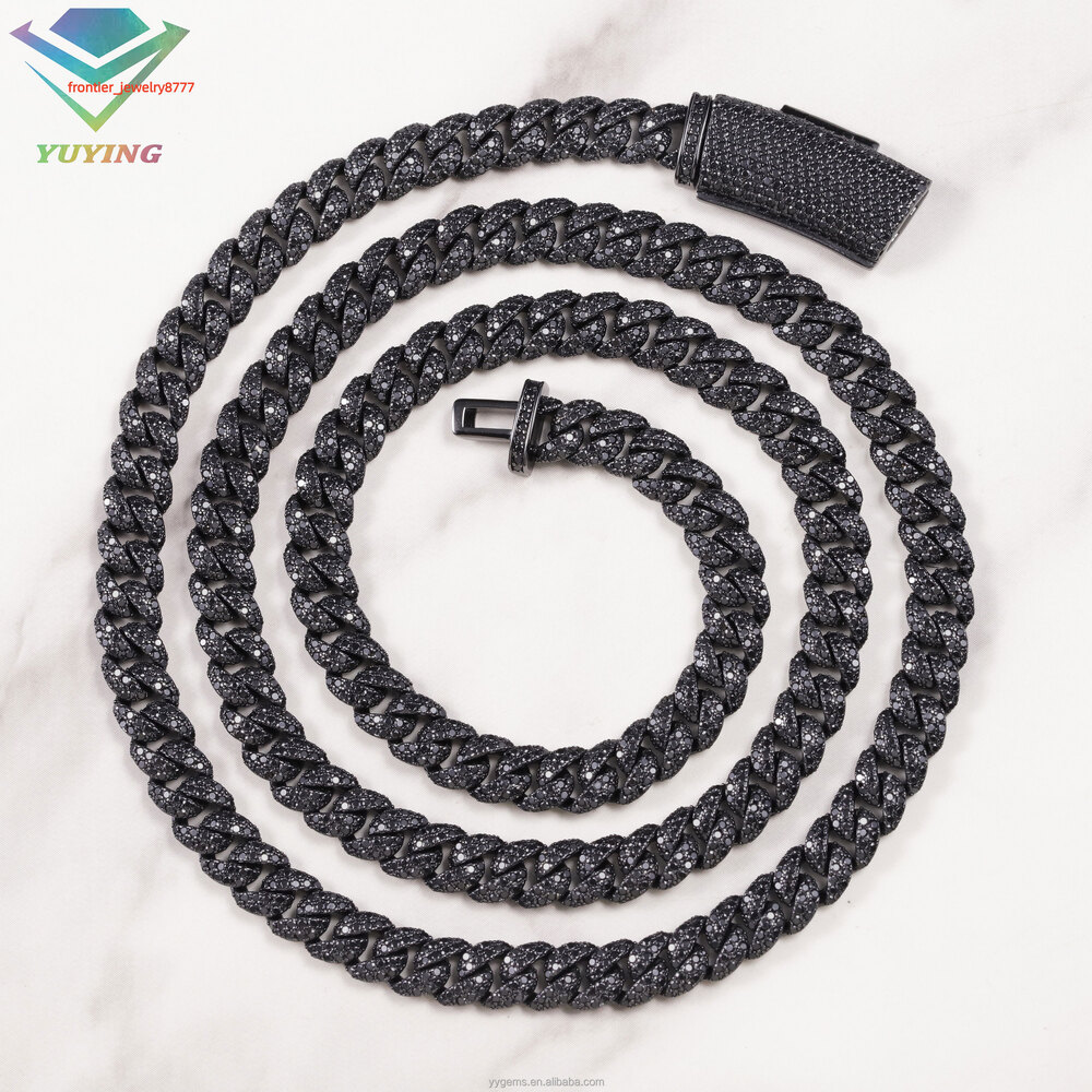 Mystic Black Gold Plated Black Moissanite Diamond Full Iced Out 6mm Wide 2Rows Cuban Link Chains for Men Fashion Silver Jewelry