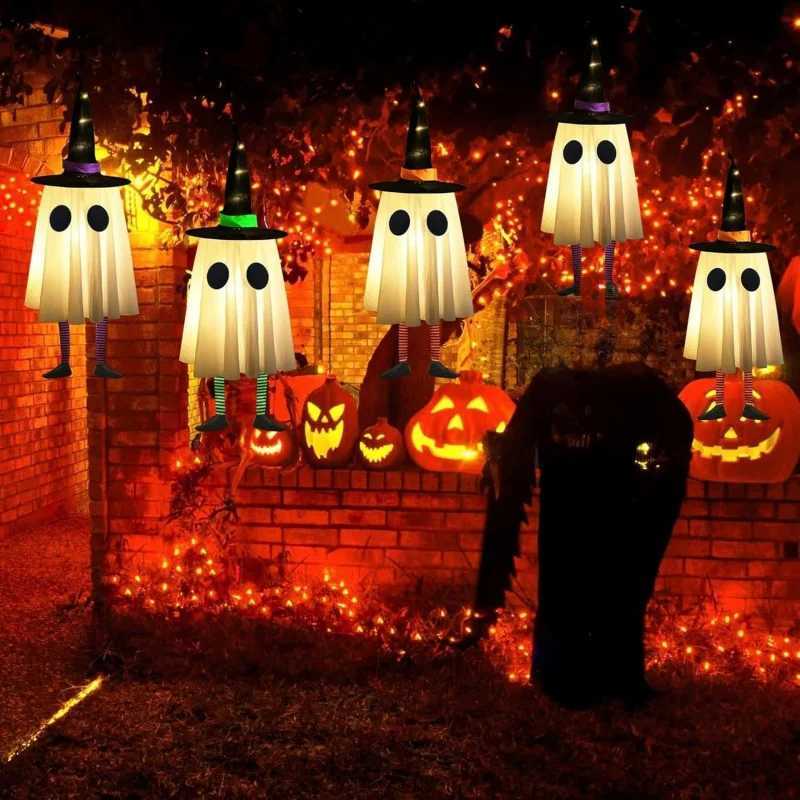 Halloween Hanging Ghost Decorations Outdoor Halloween Witches Hat Lights Glowing Ghosts for Garden Trees Yard Halloween Decor C250919