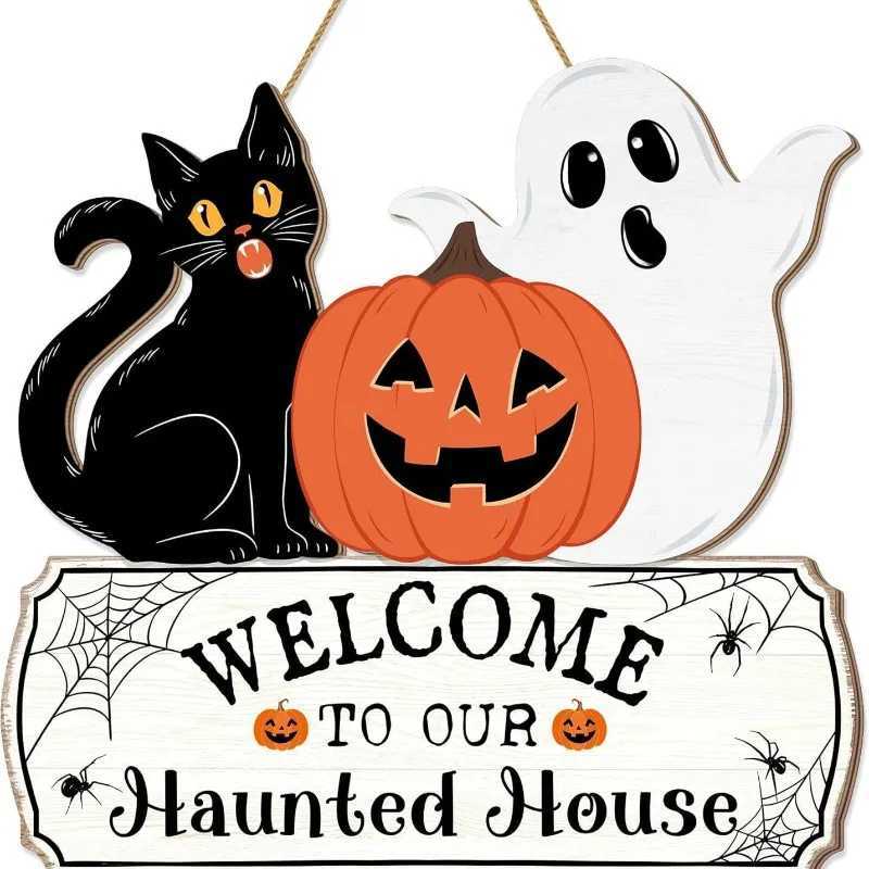 1pcs New Front Door Halloween Welcome Sign Pumpkin Skeleton Wreath Wooden Halloween Party Decoration C250919