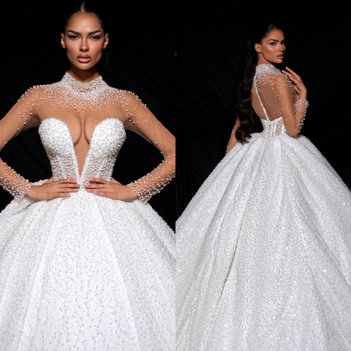 Graceful Wedding Dresses Pearls High Neck Bridal Ball Gowns Sheer Long Sleeves Beading Long Sleeves Customized Vestidos De Novia Plus Size