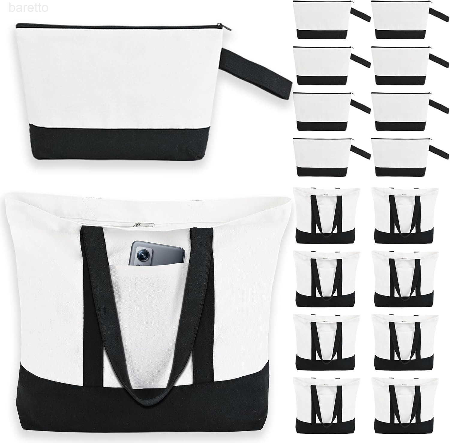 2 Pcs Canvas Tote Bags Bulk and Makeup Pouches Set 12oz Cotton Reusable Zippered Grocery Bags with Handles DIY Sublimation Halloween Craft Beach Trave
