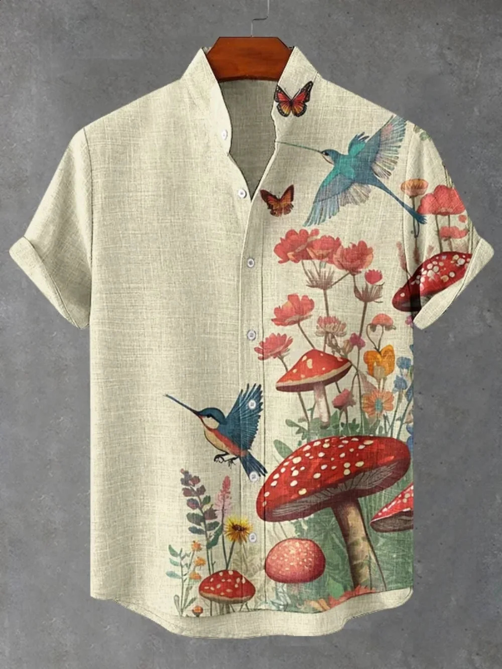 2025 mens standing collar shirt Japanese samurai printed cardigan button up retro linen short sleeved 250919
