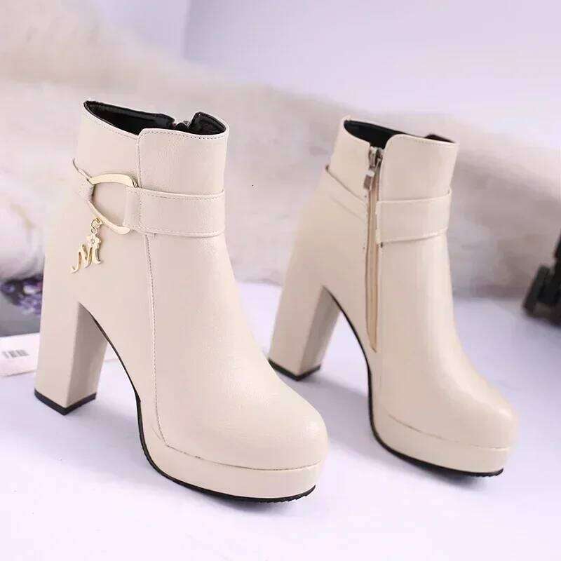 Fashion 2025 Women's High Autumn Winter Chunky Heel Platform Shoes Side Zippers Ankle Boots Plus Size 33-42