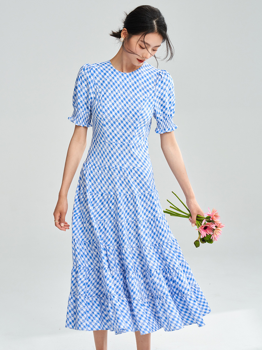 L17565 Summer new blue and white plaid temperament waist dress female design short sleeve dress