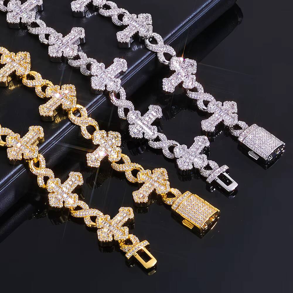 NUOYA Luxury Flip Buckle Cross Necklace 15MM Iced Out Moissanite Chain 8 Character Infinite Design Fine Hip Hop Jewelry