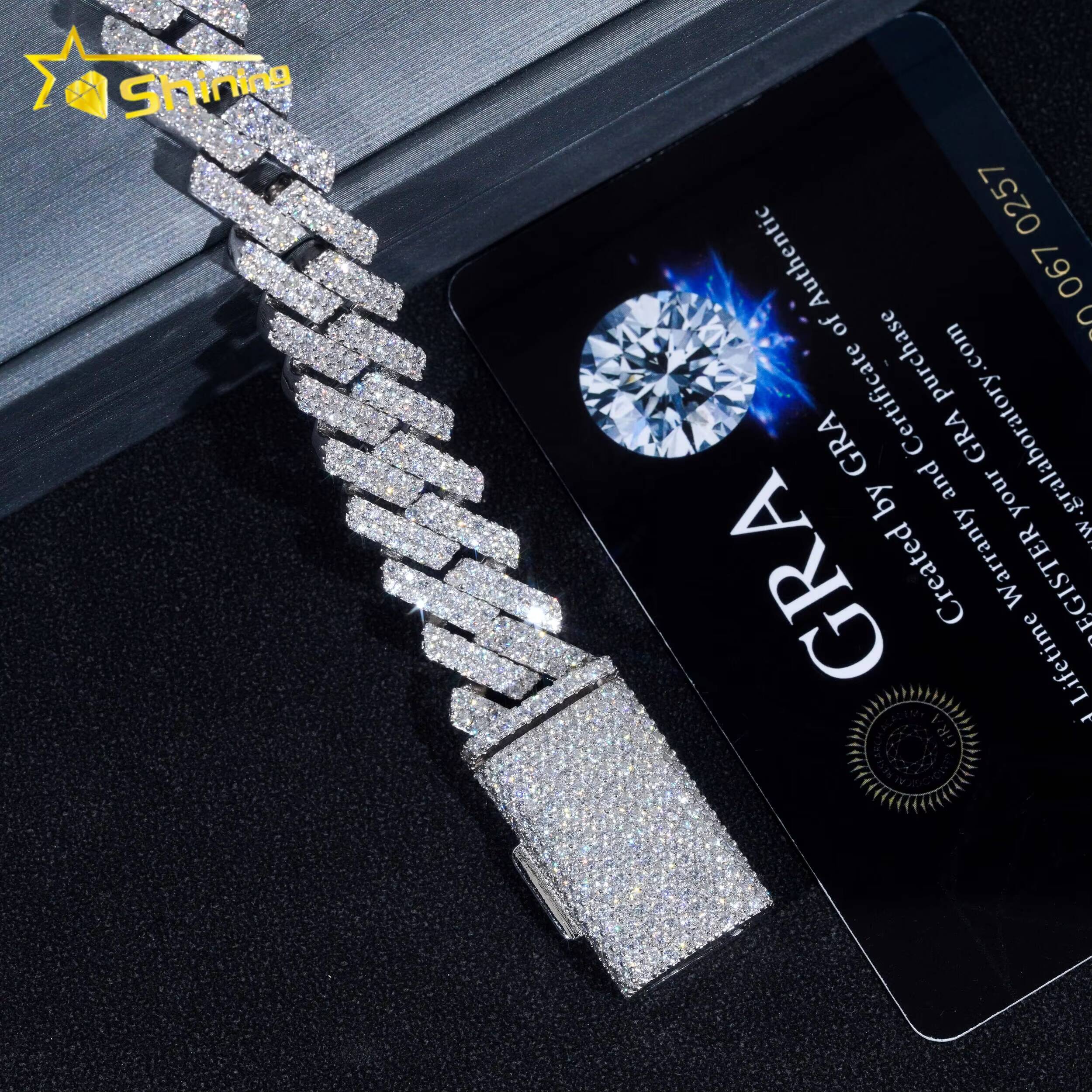 Trendy Two Rows 14mm Moissanite Bracelet 925 Sterling Silver Hip Hop Fine Jewelry Vvs Moissanite Diamond Cuban Link Bracelet Men