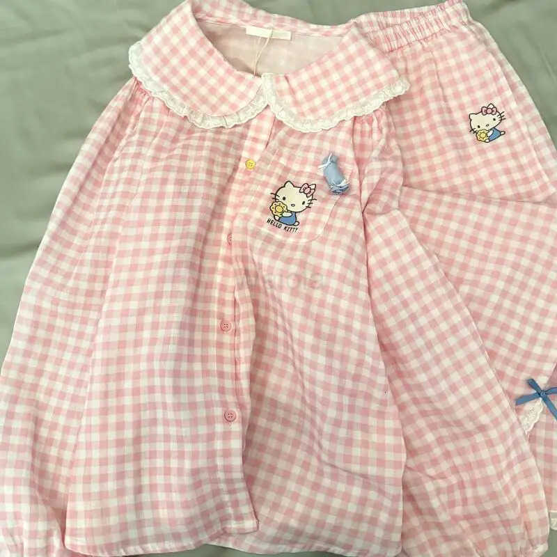 Sanrio Girl Long Sleeve 2Pcs Hello Kitty Cute Pajamas Spring and Autumn Korean Version Cartoon Home Clothing Can Be Worn Outside L250919