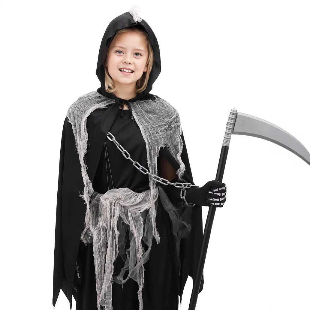 Character Black Death Girl Cosplay Evil Devil Horn Costume Mesh Dress Halloween for Kid Devil L250918