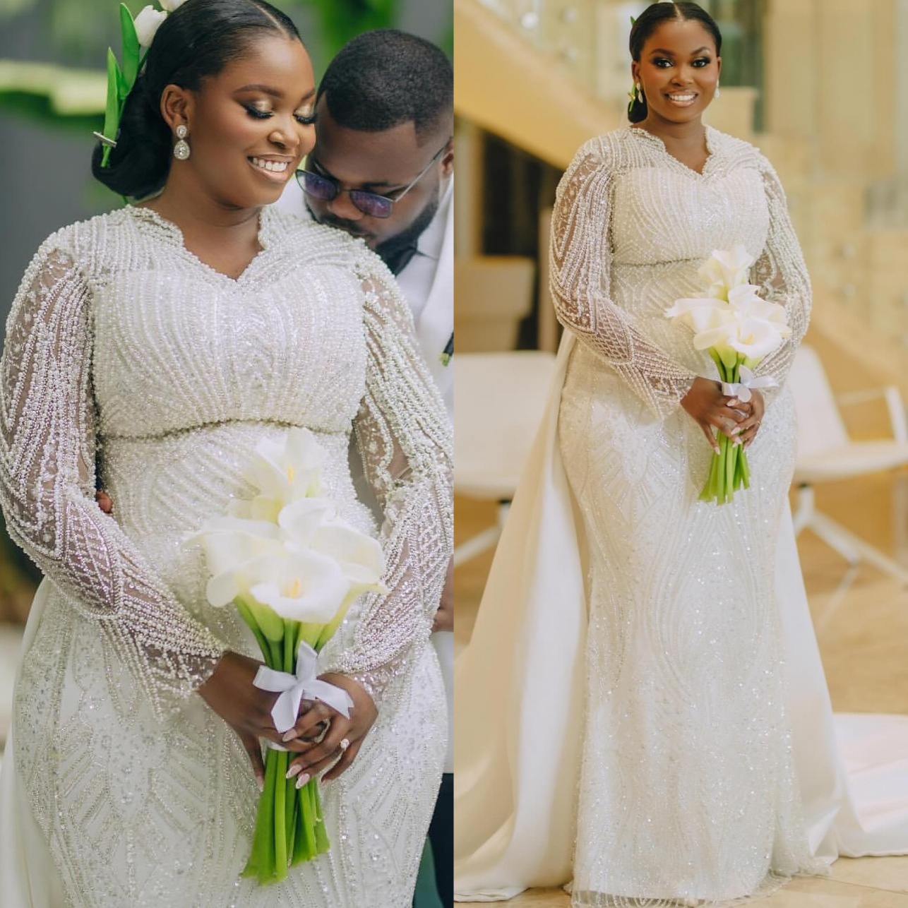2025 Aso Ebi Plus Size Ivory Mermaid Wedding Dress Pearls Beaded Sequined Long Sleeves Luxurious Bridal Gowns Dresses ZJ0468