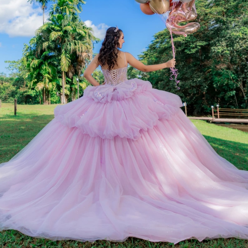 Light Lilac Shiny Quinceanera Dresses Spaghetti Strap Lace Beading Corset Tull Bow Party Birthday Sweet 16 Dress Vestidos De 15 Anos