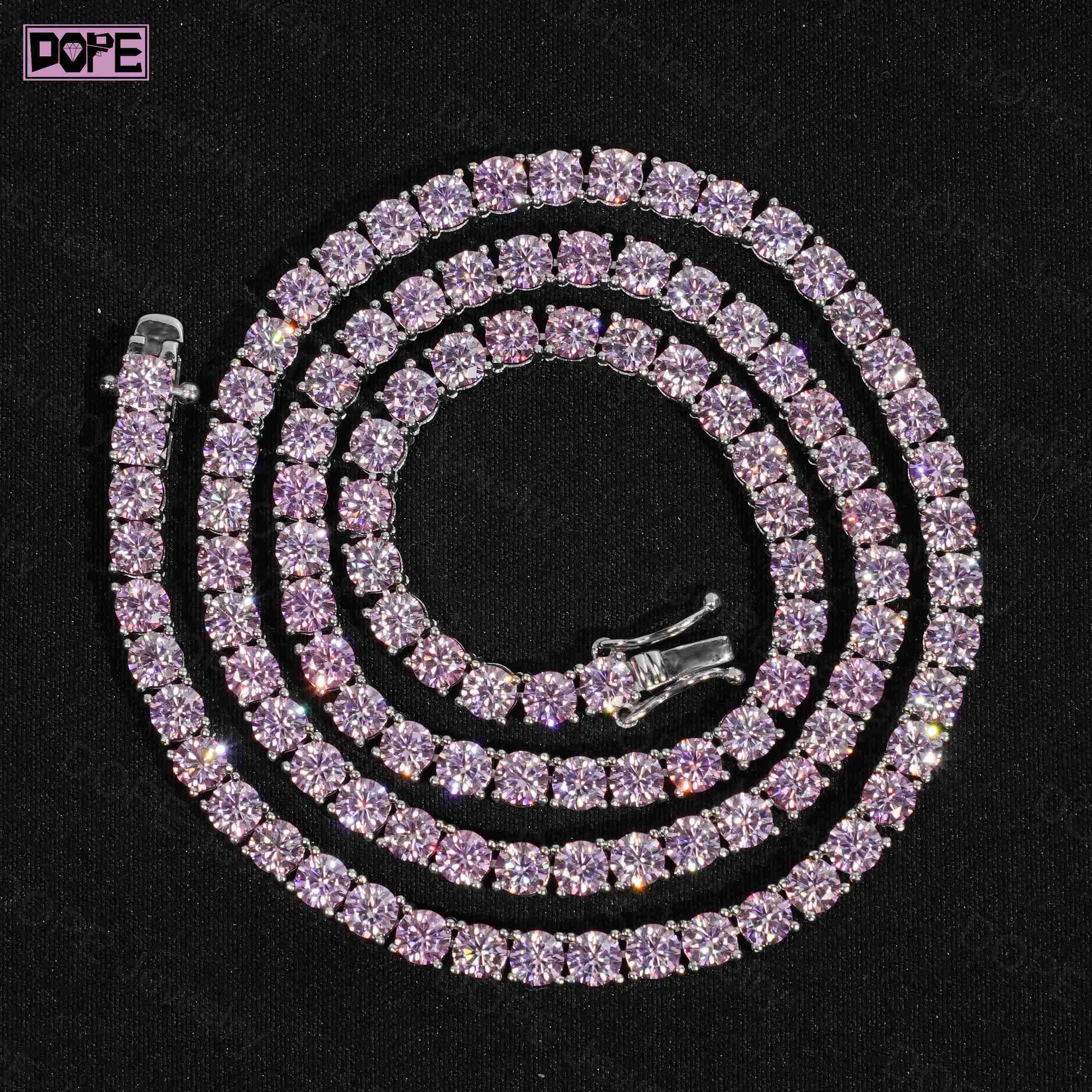 4mm Iced Out Hiphop Pink Moissanite Tennis Necklace 925 Sterling Silver Sparkling Moissanite Tennis Chain
