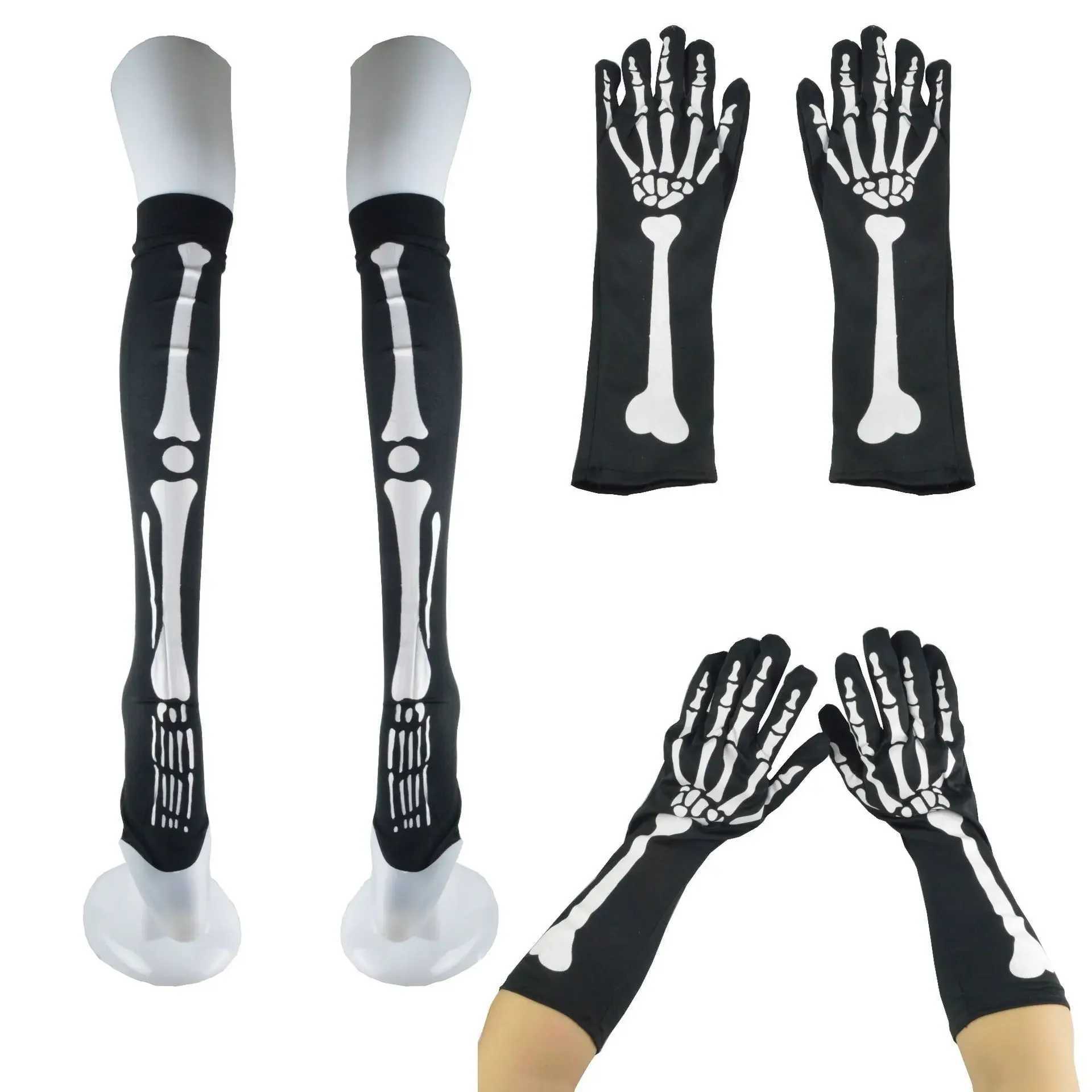 Kids Adults Full Finger Skeleton Gloves Long Arm Ghost Leg Sock Costume Accessories 1pair Socks Cosplay Birthday L250918
