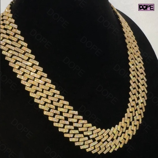 Hiphop 16mm Moissanite Chain Iced Out Necklace 925 Silver 18k Gold Plated 2 Rows Moissanite Cuban Link Chain
