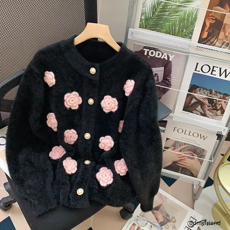 Mink Veet Gentle Soft Glutinous Style Three-Dimensional Flower Sweater Cardigan Coat Women Autumn Niche Sense Knitted Shirt Top 250723 ddmyfriend