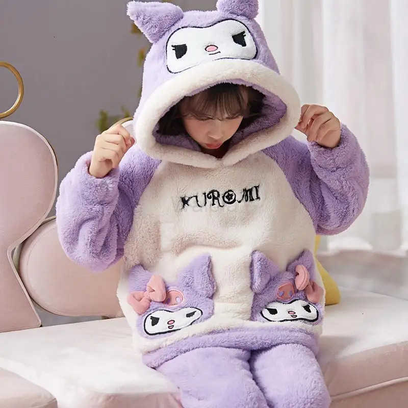Sanrio Hello Kitty Girl Thickening Pajamas Winter Keep Warm Children Long Sleeves Pants Kawaii Anime New Style Household Clothes L250919