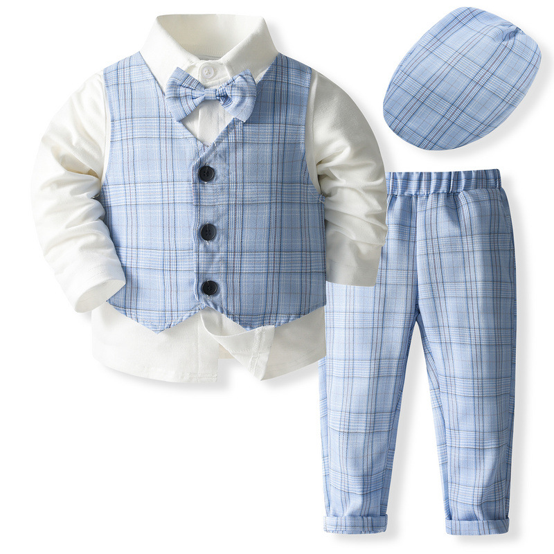 New Spring & Autumn Boys' Formal Outfit Shirt Vest & Pants Set Toddler Baby Suit for Kids Free Shipping for Wedding Party stripe 2025 With Hat