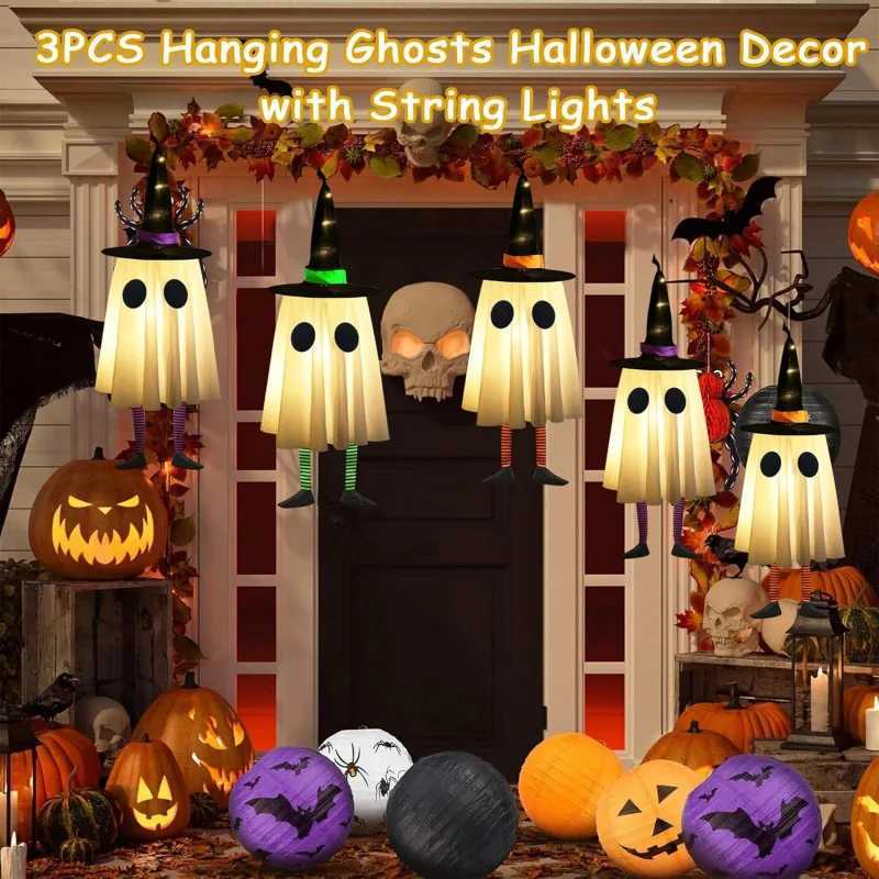 Halloween Hanging Ghost Decorations Outdoor Halloween Witches Hat Lights Glowing Ghosts for Garden Trees Yard Halloween Decor C250919