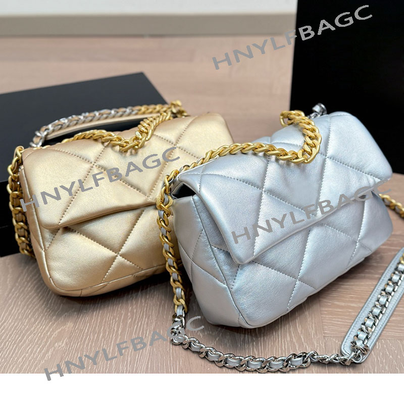 19 Series Women Gold Silver Leather Flap Bag Metal Handle Golden Hardware Two-Tone Chain Classic Diamond Pattern Stylish Designer Shoulder Medium Tote Sacoche 25cm