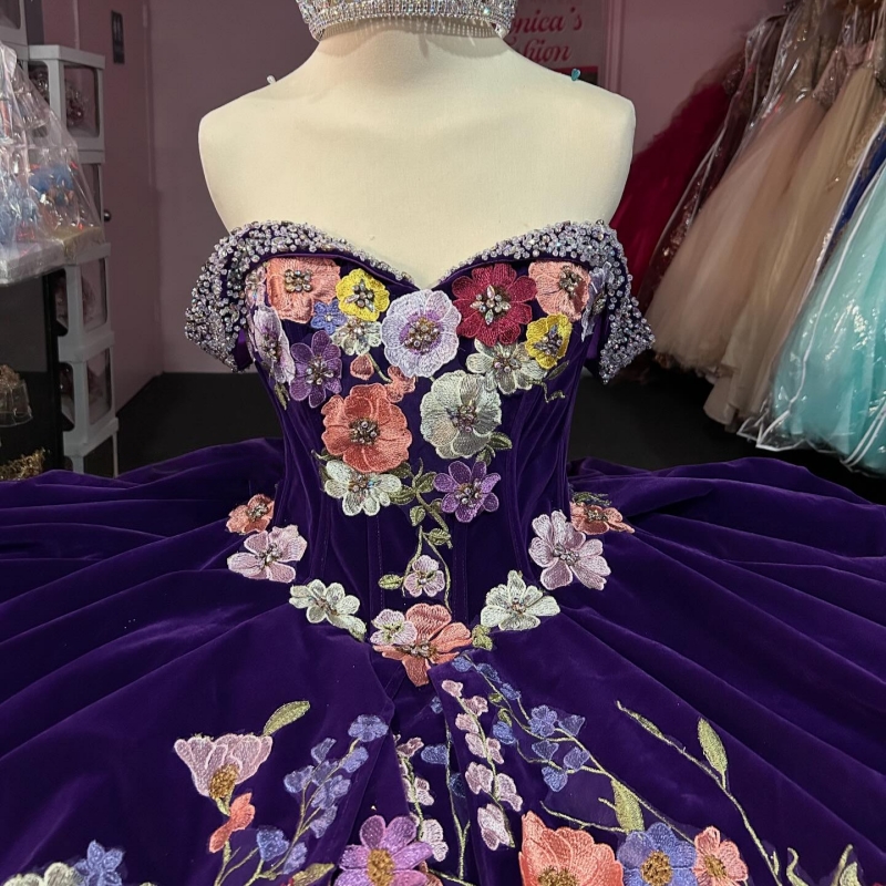 Purple Shiny Quinceanera Dresses Off The Shoulder Applique Lace Beads Tiered Tull Party Birthday Sweet 16 Dress Vestidos De 15 Anos