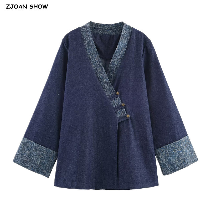 Autumn Deep Blue Contrast Color Kimono Denim Coat Women Ethnic Cross V neck Front Buttons Loose Jacket Outerwear 250923