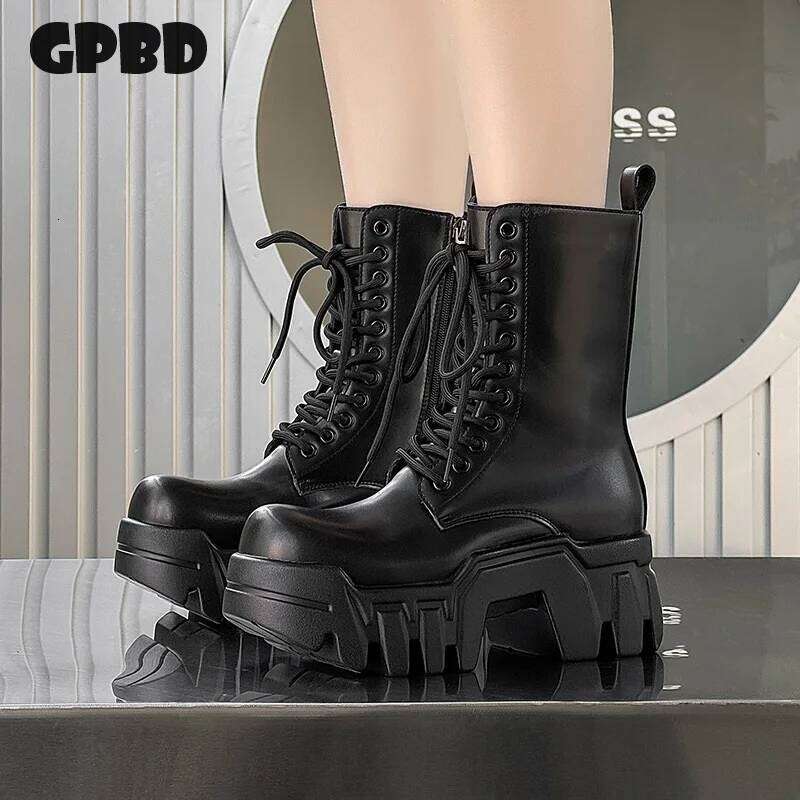 GPBD Gear Bottom Bulldozer Boot Men's 2025 Autumn High Fashion Punk Work Motorcycle Boots High-top Leather Shoes Trend