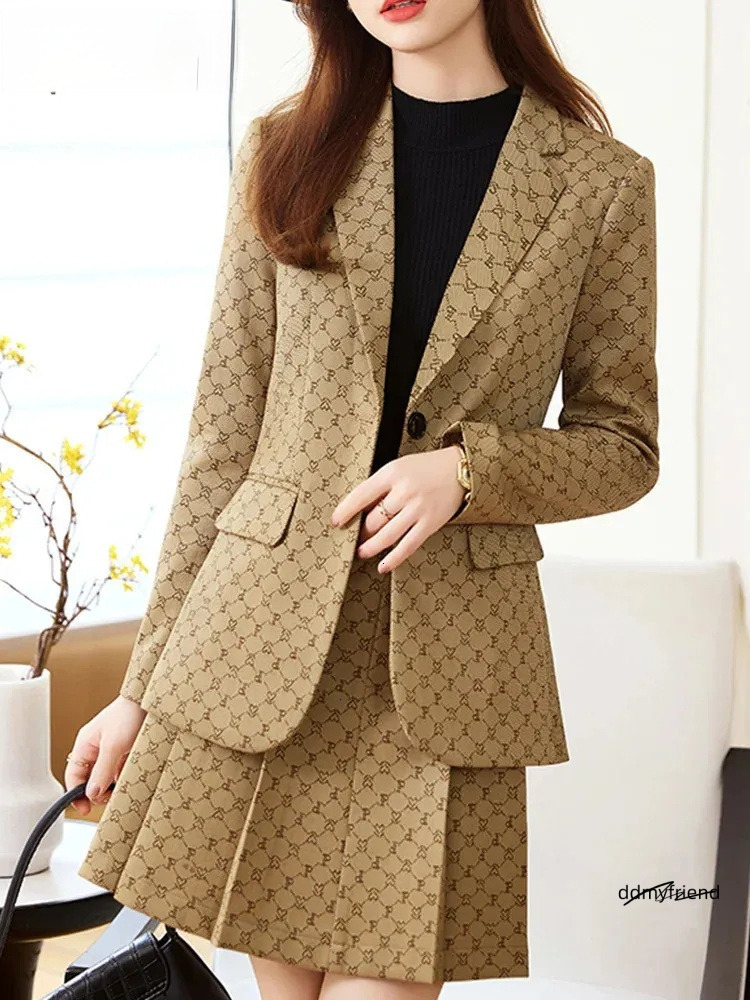 Khaki Elegant Temperament Long Sleeved Professional Jacket Skirt Two Piece Set Color Plaid Slim Fit Business Casual Suit 250723 ddmyfriend