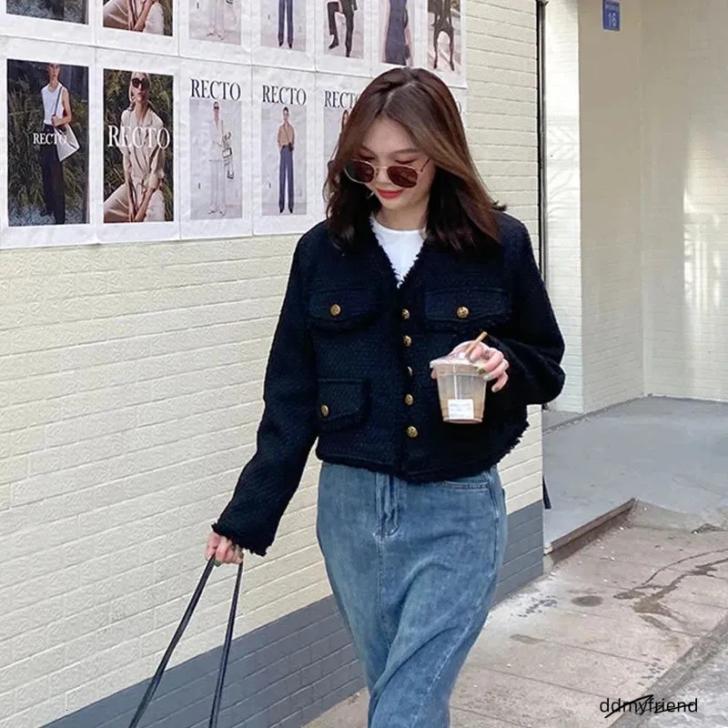 Ladies Jacket: Elegant Women's Short Tweed Jacket, Autumn Winter Woolen Cropped Black Outerwear, Slim Fit Streetwear Fashion ddmyfriend