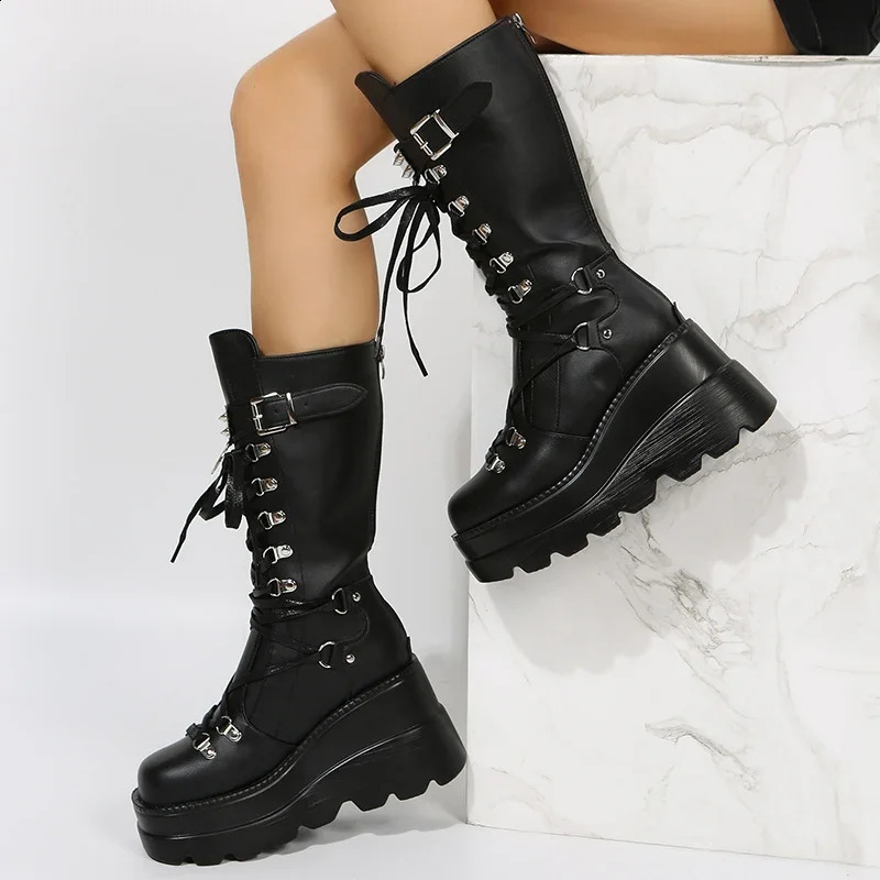 Womens Goth Platform Motorcycle Boots Punk Rivet Buckle Strap Combat Booties for Women Thick Bottom Wedge Heels Mid Calf 250919
