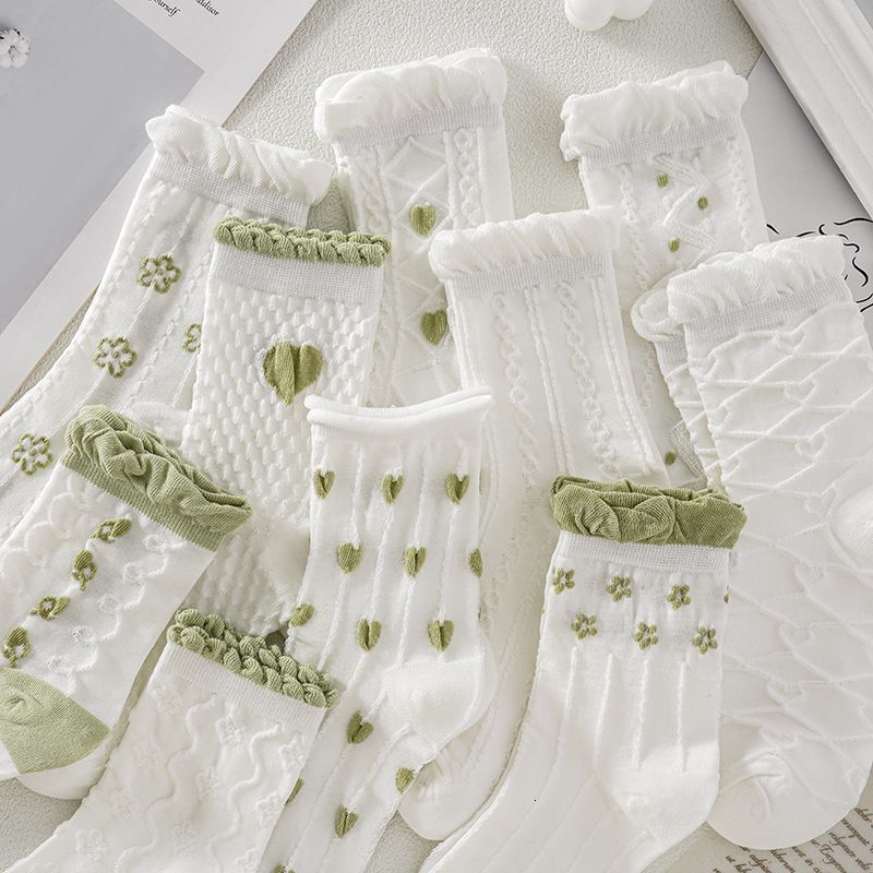 White Women Versatile Mid-Calf High-Value Mori Style Spring Summer Long Socks for Girls Green Breathable Fresh Floral