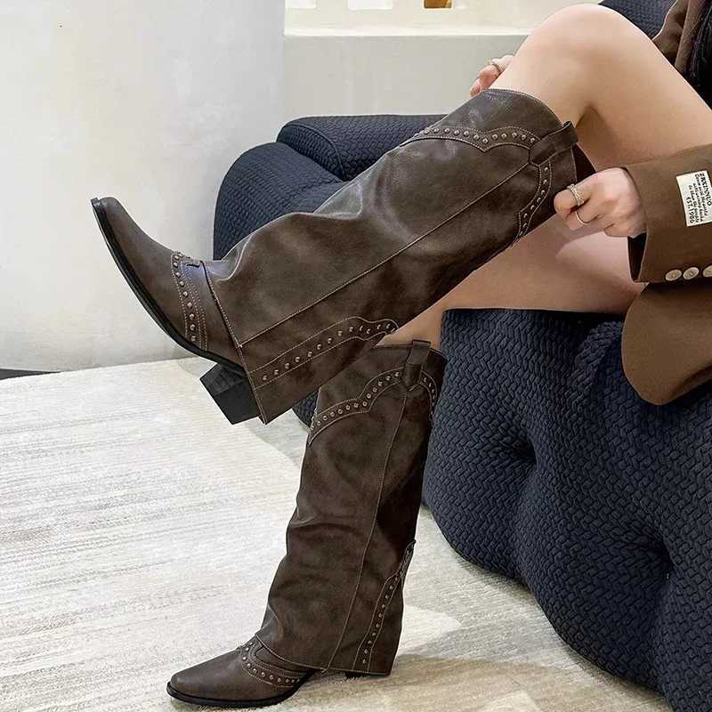 Woman Cowgirl Boots Fashion Slip On Ladies Elegant Square Heel Long Pipe Boots Shoes Retro Womens Winter Footwear W250919