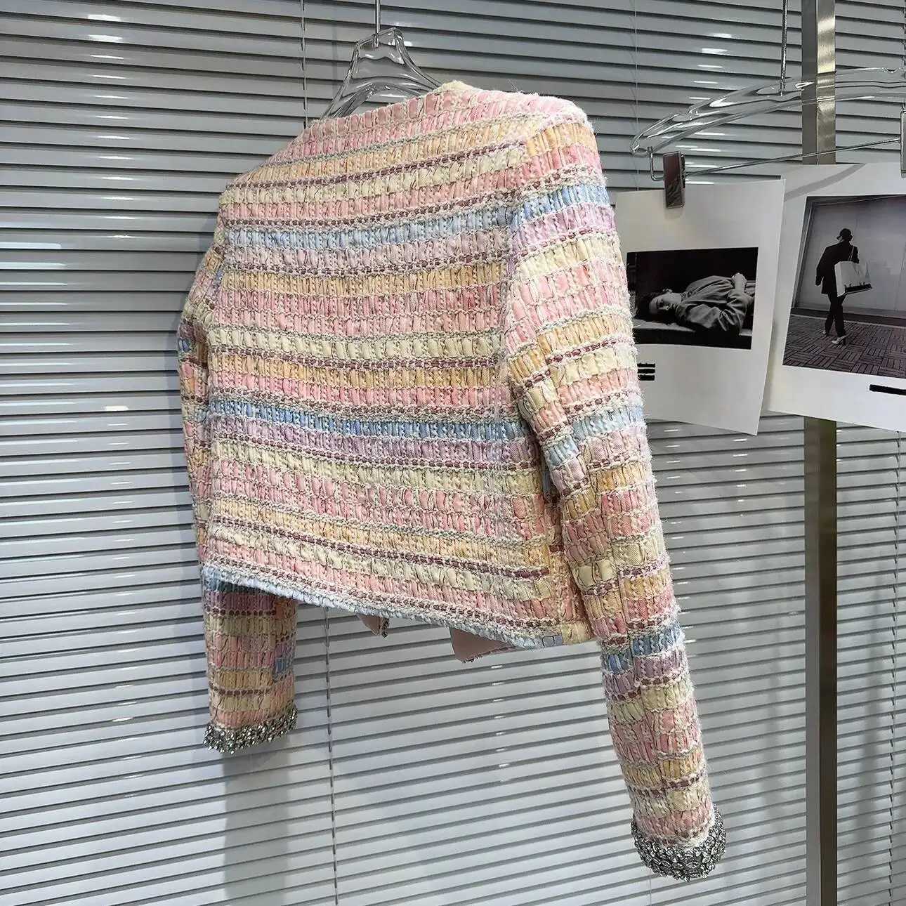 PREPOMP 2024 Autumn New Arrival Long Sleeve Rhinestone Embroidered Beadings Colorful Striped Tweed Short Jacket Women GS196 Z250918