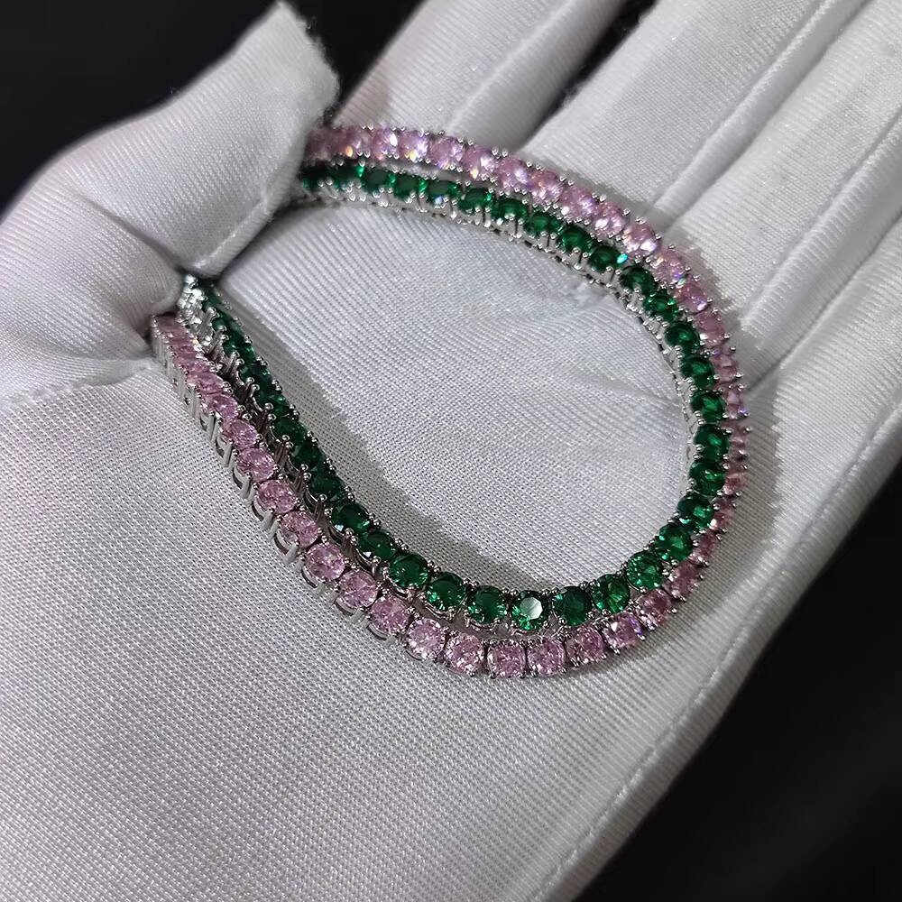 NUOYA Personalized Custom 4mm Bling Tennis Chain Iced Out Diamond Chain Green Pink Moissanite Tennis Chain Bracelet for Women