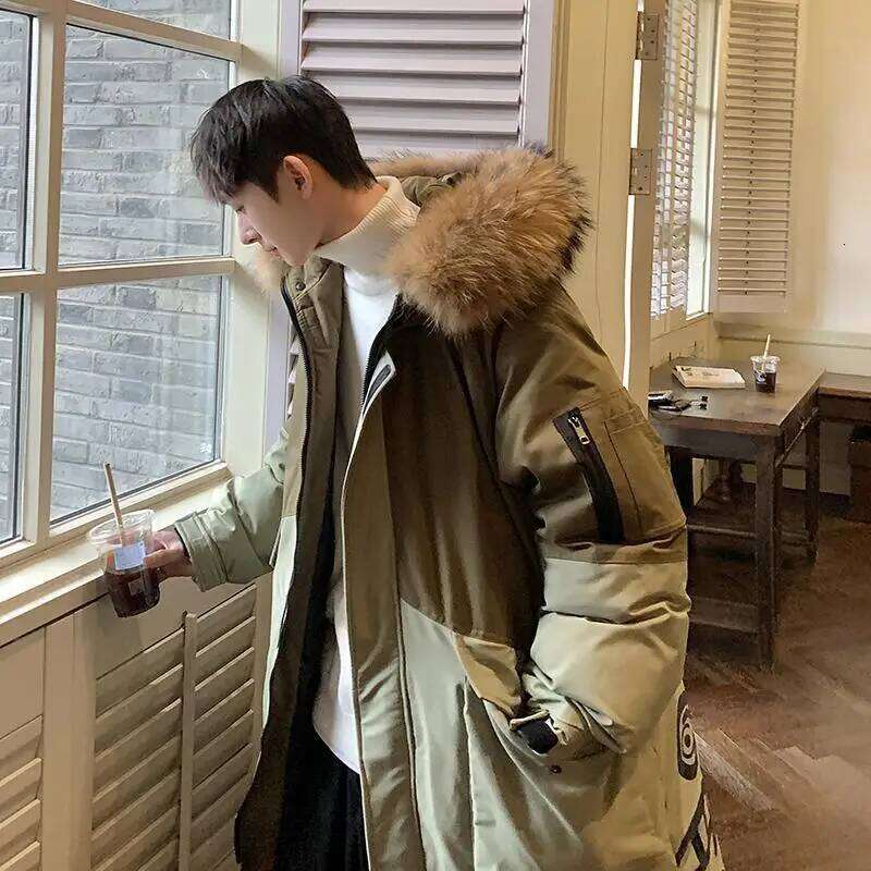 Thickened tide letter-printed combination hat couples in long loose down jacket men and women